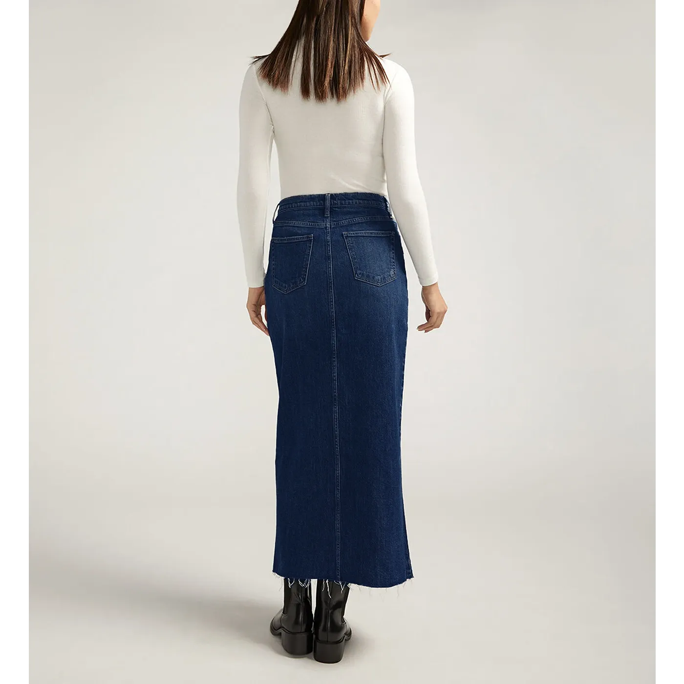 Dark Blue Front Slit Maxi Denim Skirt
