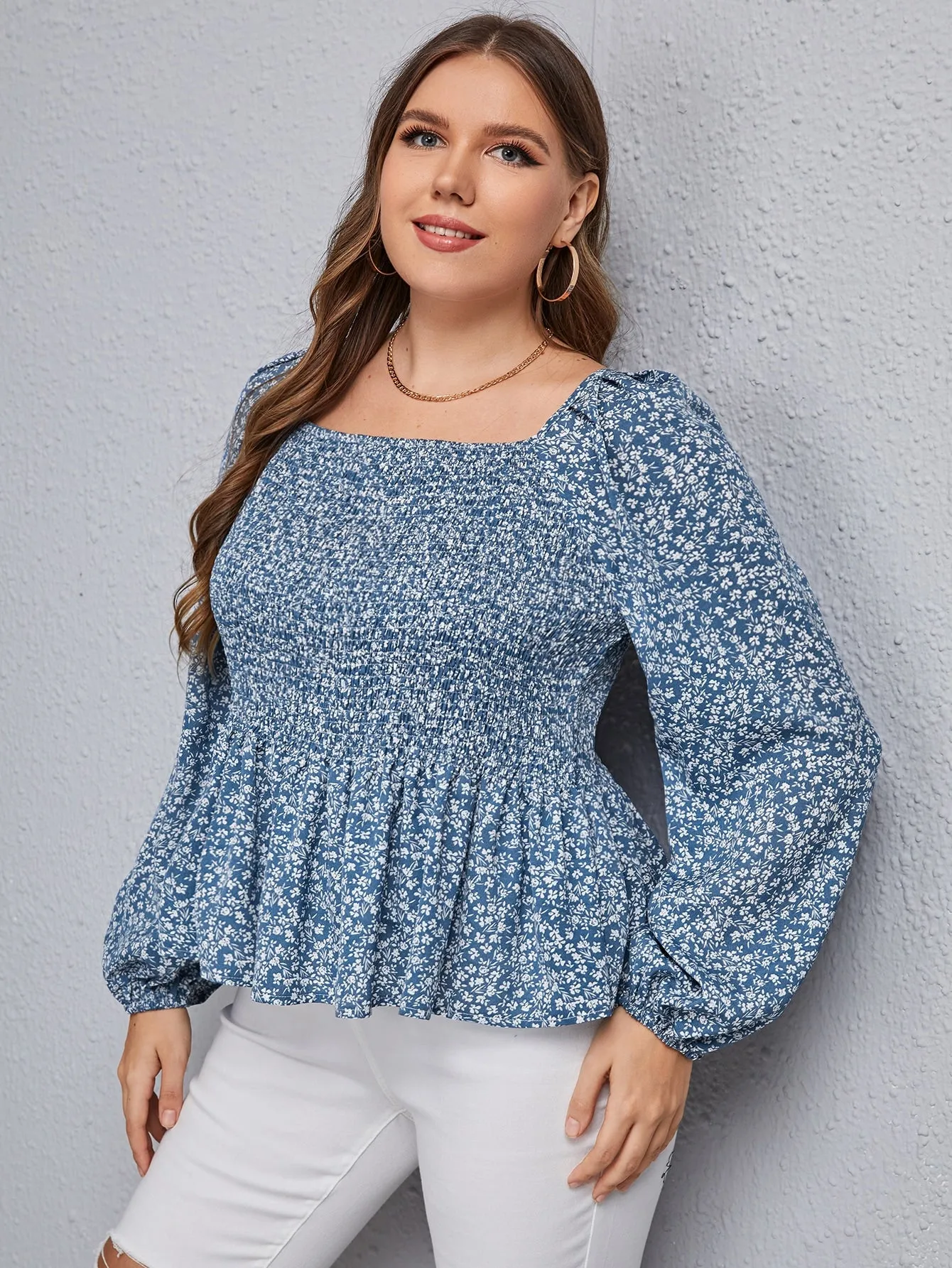 Ditsy Floral Shirred Long Sleeve Square Neck Regular Plus Size Blouse