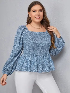 Ditsy Floral Shirred Long Sleeve Square Neck Regular Plus Size Blouse