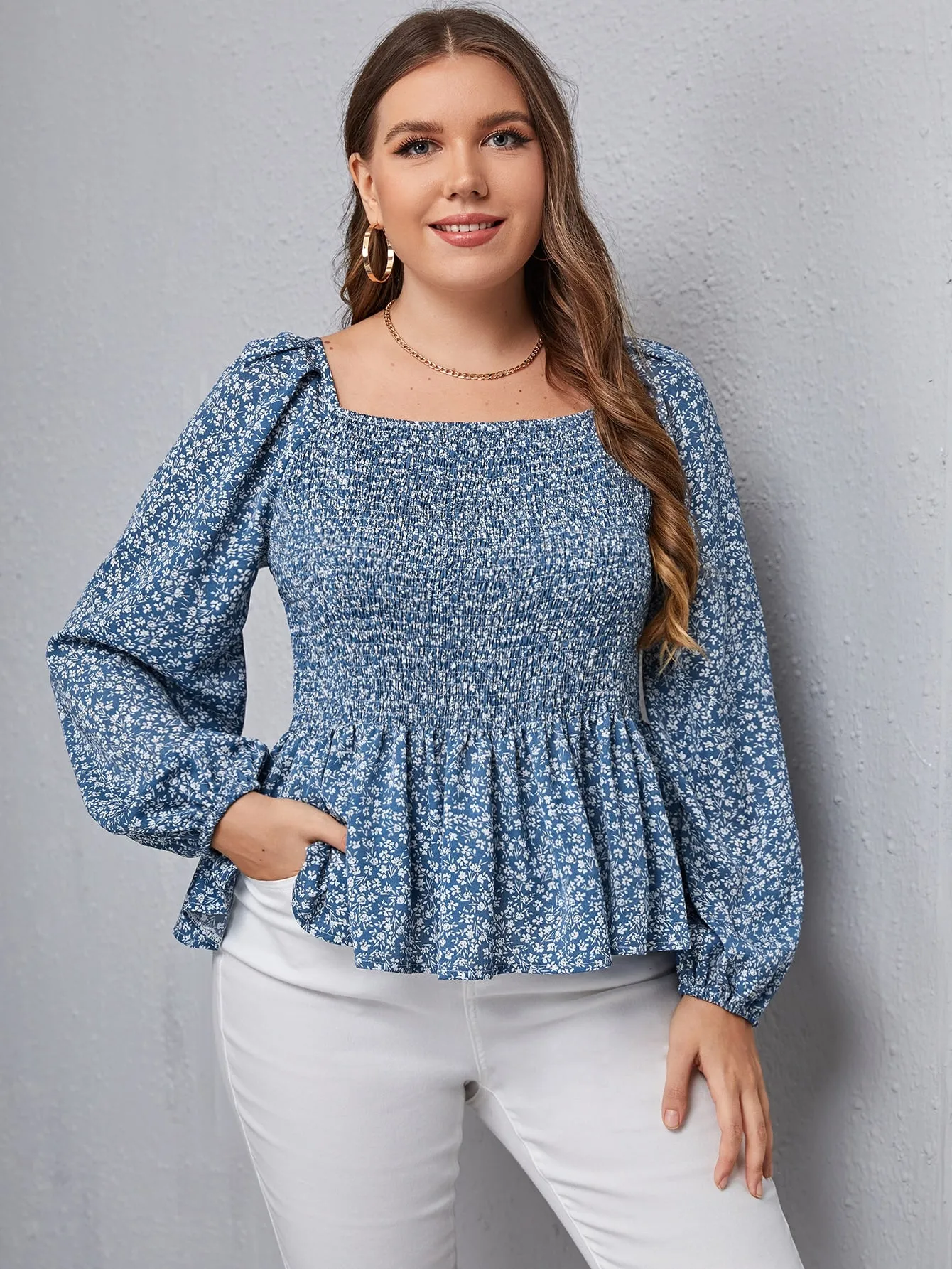 Ditsy Floral Shirred Long Sleeve Square Neck Regular Plus Size Blouse