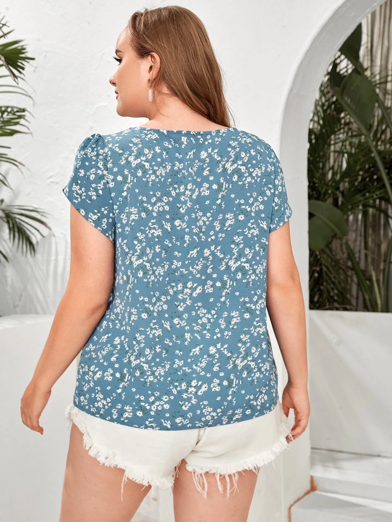 Ditsy Floral Wrap Cap Sleeve Round Neck Regular Plus Size Blouse