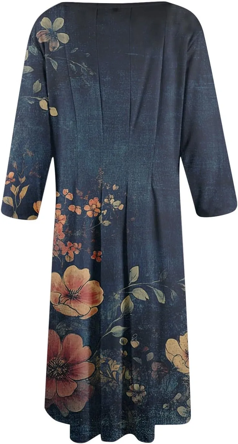 Dress for Women 3/4 Sleeve Spring Wrap Dress Empire Waist Floral Fitted Dress Summer Cute Flowy Dresses with Pocket
