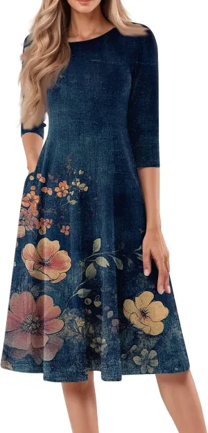 Dress for Women 3/4 Sleeve Spring Wrap Dress Empire Waist Floral Fitted Dress Summer Cute Flowy Dresses with Pocket
