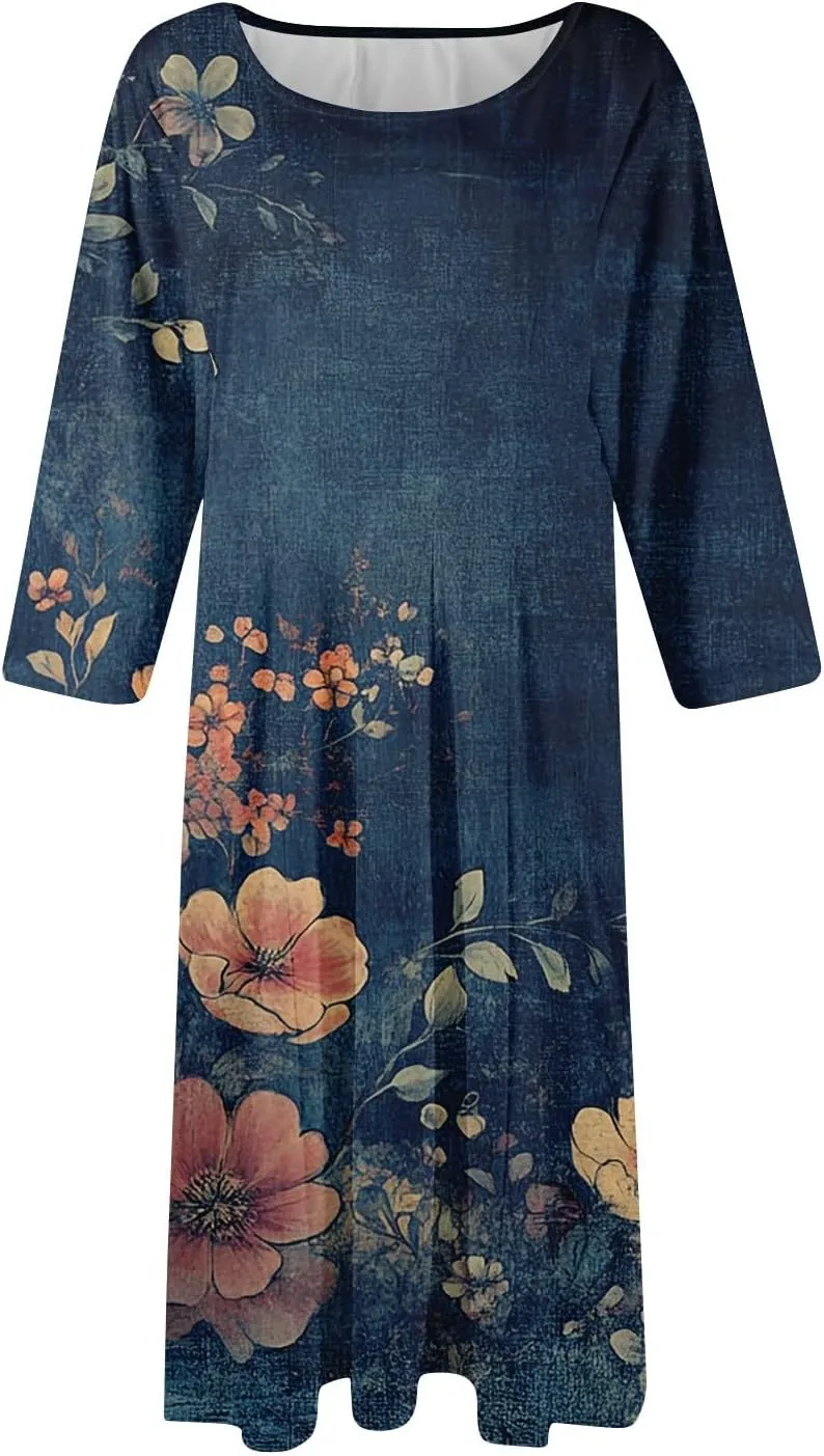 Dress for Women 3/4 Sleeve Spring Wrap Dress Empire Waist Floral Fitted Dress Summer Cute Flowy Dresses with Pocket