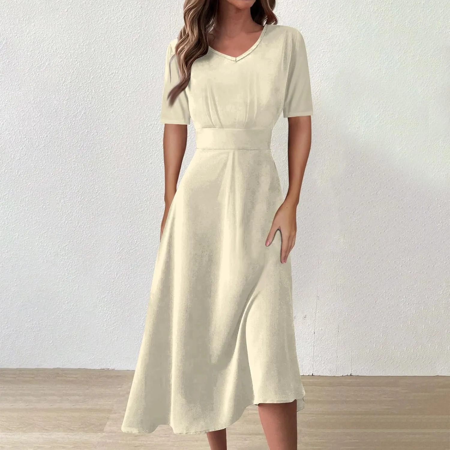 Dresses for Women 2024 Fashion Solid Color Dresses V-Neck Waist Long Swing Dress Summer Dresses for Women 2024 S-2XL