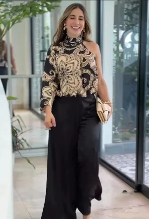 Elegant One-Shoulder Blouse & Wide-Leg Pants Set