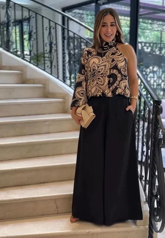 Elegant One-Shoulder Blouse & Wide-Leg Pants Set