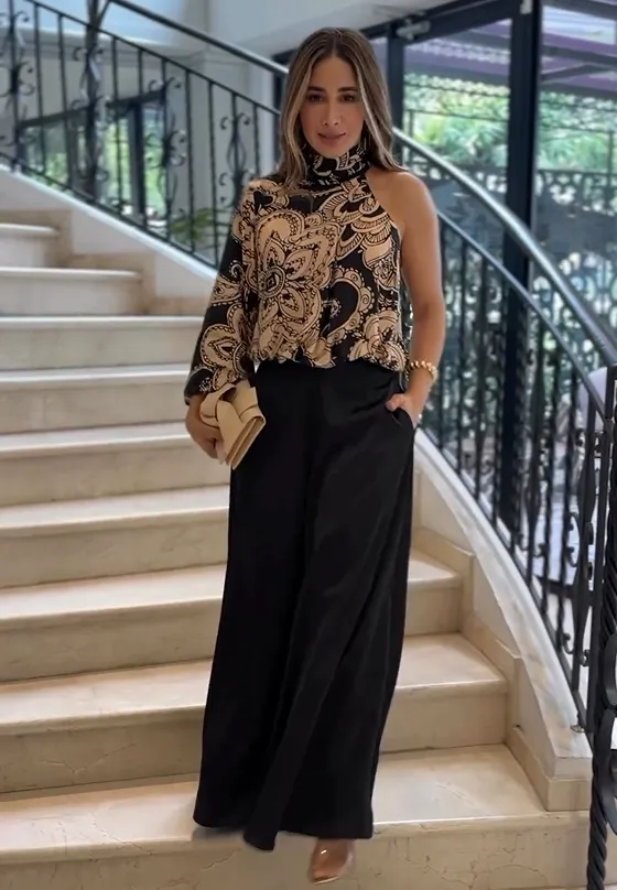 Elegant One-Shoulder Blouse & Wide-Leg Pants Set