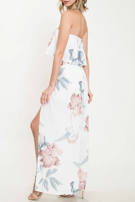 Elegant Ruffle White Floral Print Cut Out Pants