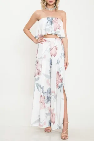 Elegant Ruffle White Floral Print Cut Out Pants