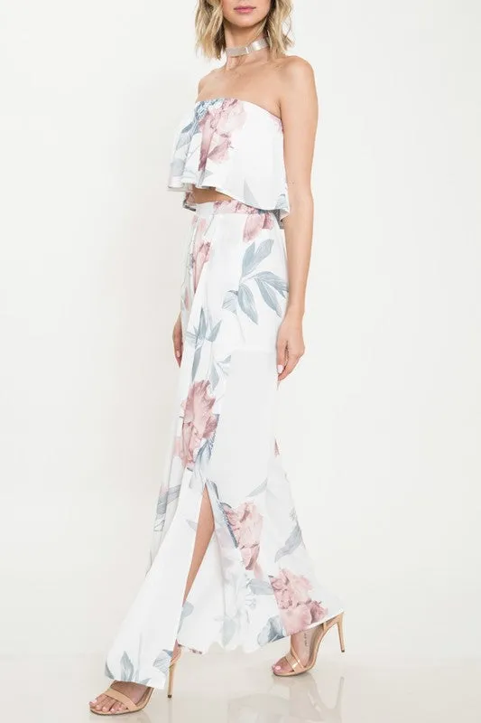 Elegant Ruffle White Floral Print Cut Out Pants