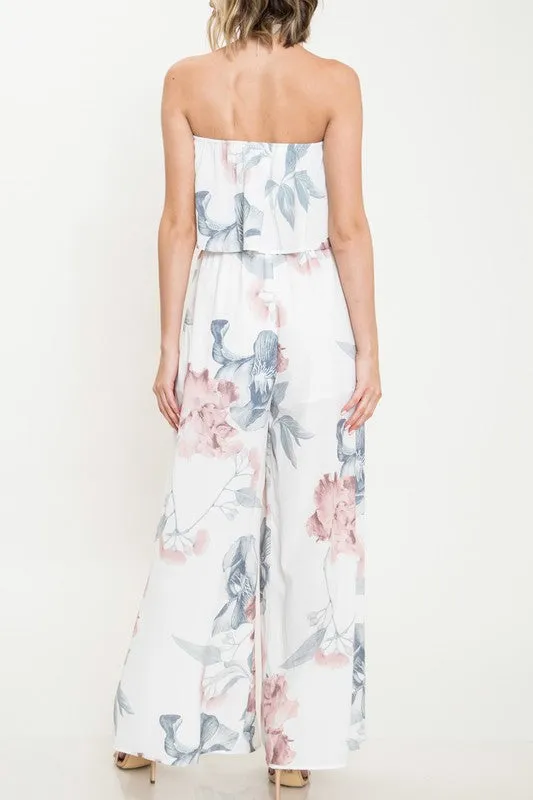 Elegant Ruffle White Floral Print Cut Out Pants