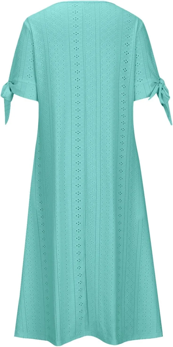 Eyelet Dress for Women 2025 Trendy Short Sleeve Eyelet Maxi Long Dress Casual Summer Beach Vacation Sundress