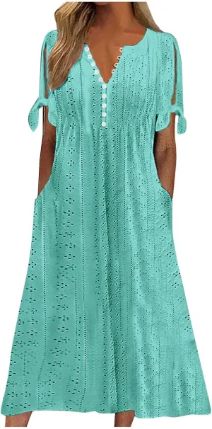 Eyelet Dress for Women 2025 Trendy Short Sleeve Eyelet Maxi Long Dress Casual Summer Beach Vacation Sundress