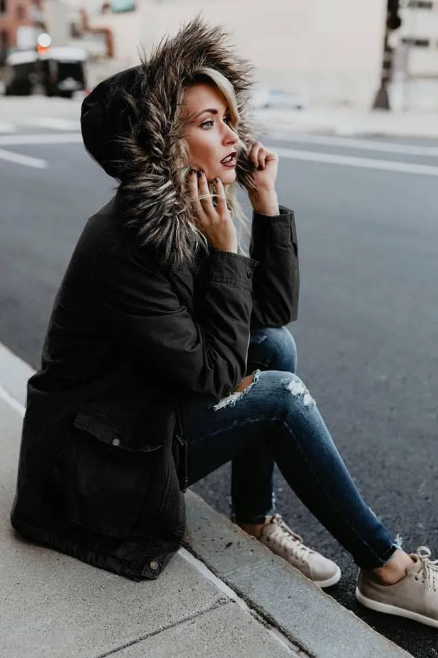 Faux Fur Big Pockets Long Slim Jacket Coat