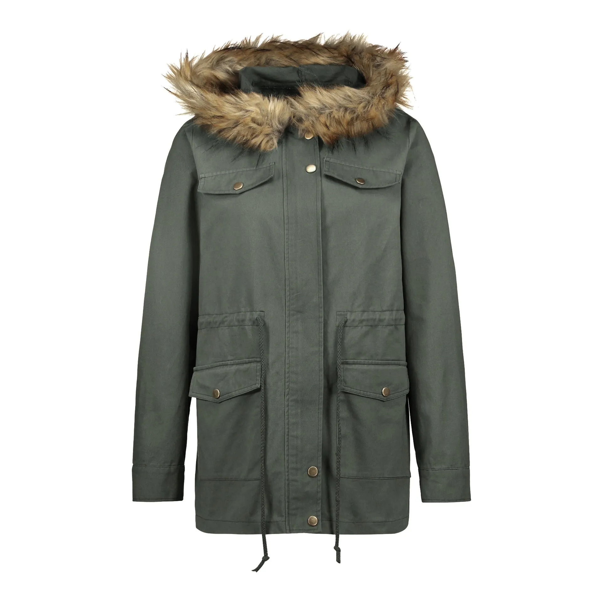 Faux Fur Big Pockets Long Slim Jacket Coat