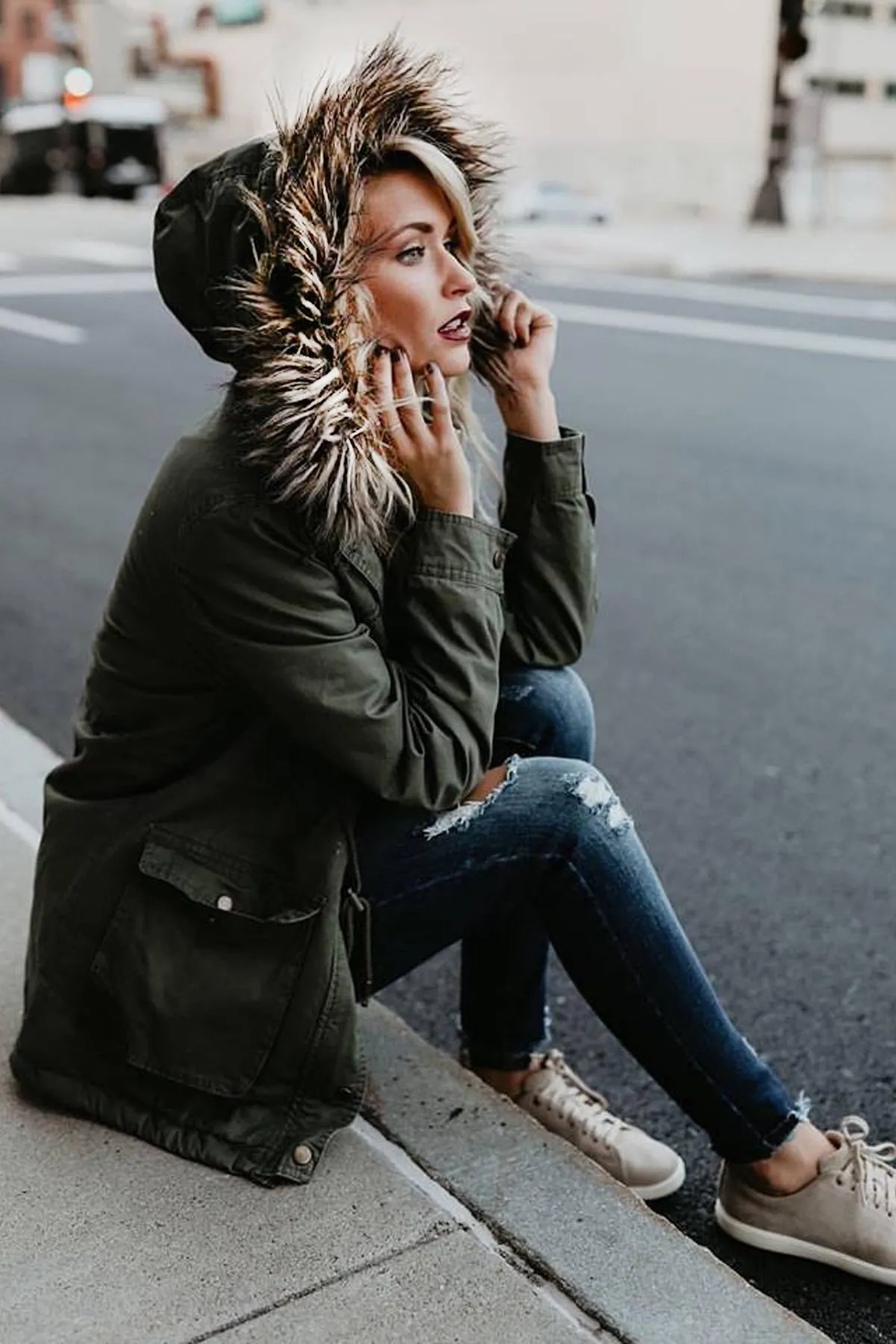 Faux Fur Big Pockets Long Slim Jacket Coat