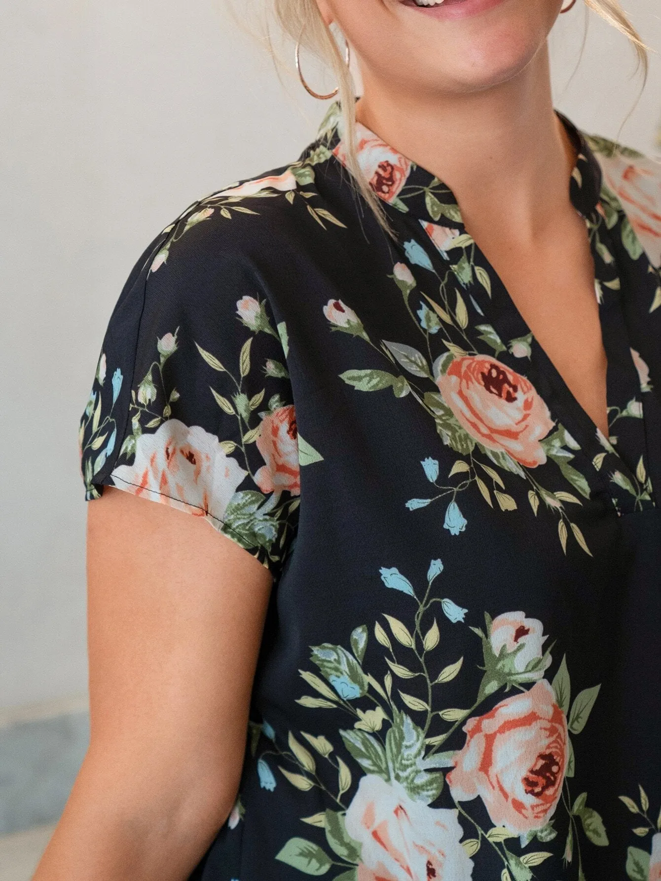Floral High Low Short Sleeve Notched Regular Plus Size Blouse