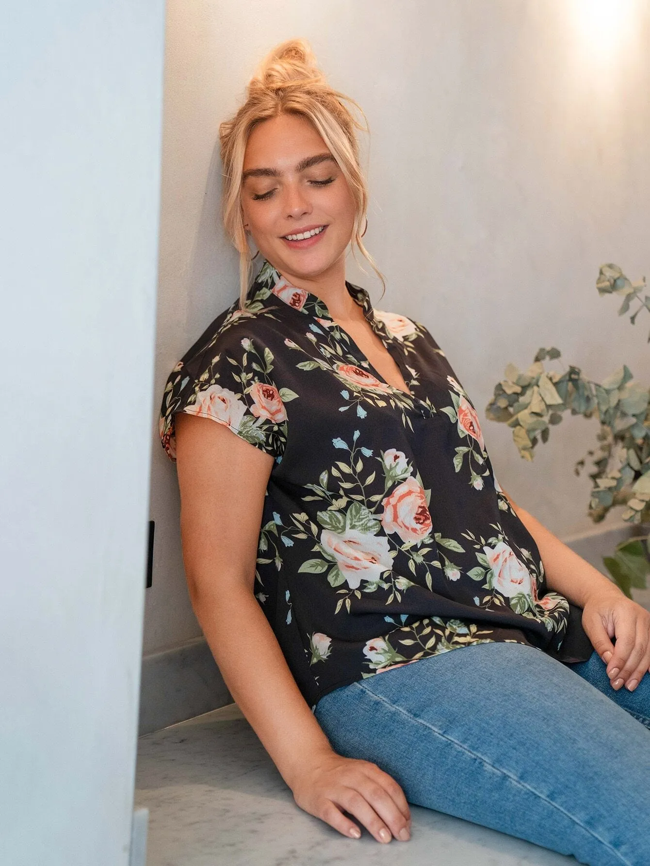 Floral High Low Short Sleeve Notched Regular Plus Size Blouse