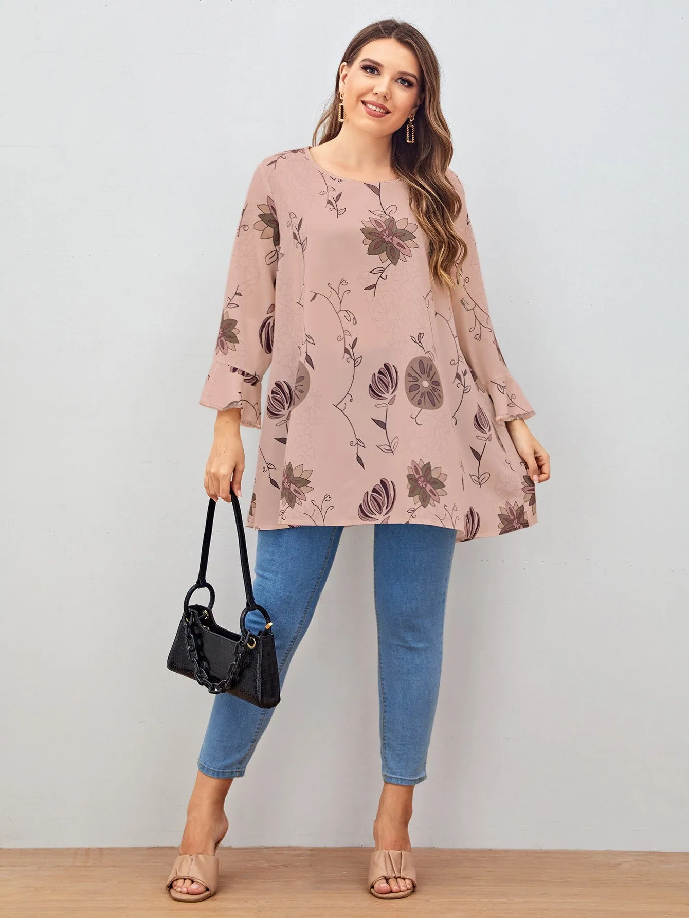 Floral Ruffle Three Quarter Length Sleeve Round Neck Long Plus Size Blouse