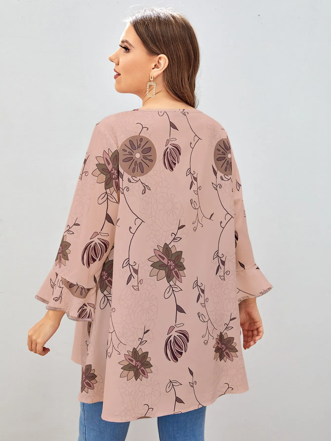 Floral Ruffle Three Quarter Length Sleeve Round Neck Long Plus Size Blouse