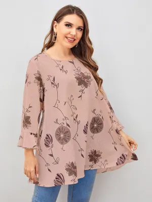 Floral Ruffle Three Quarter Length Sleeve Round Neck Long Plus Size Blouse