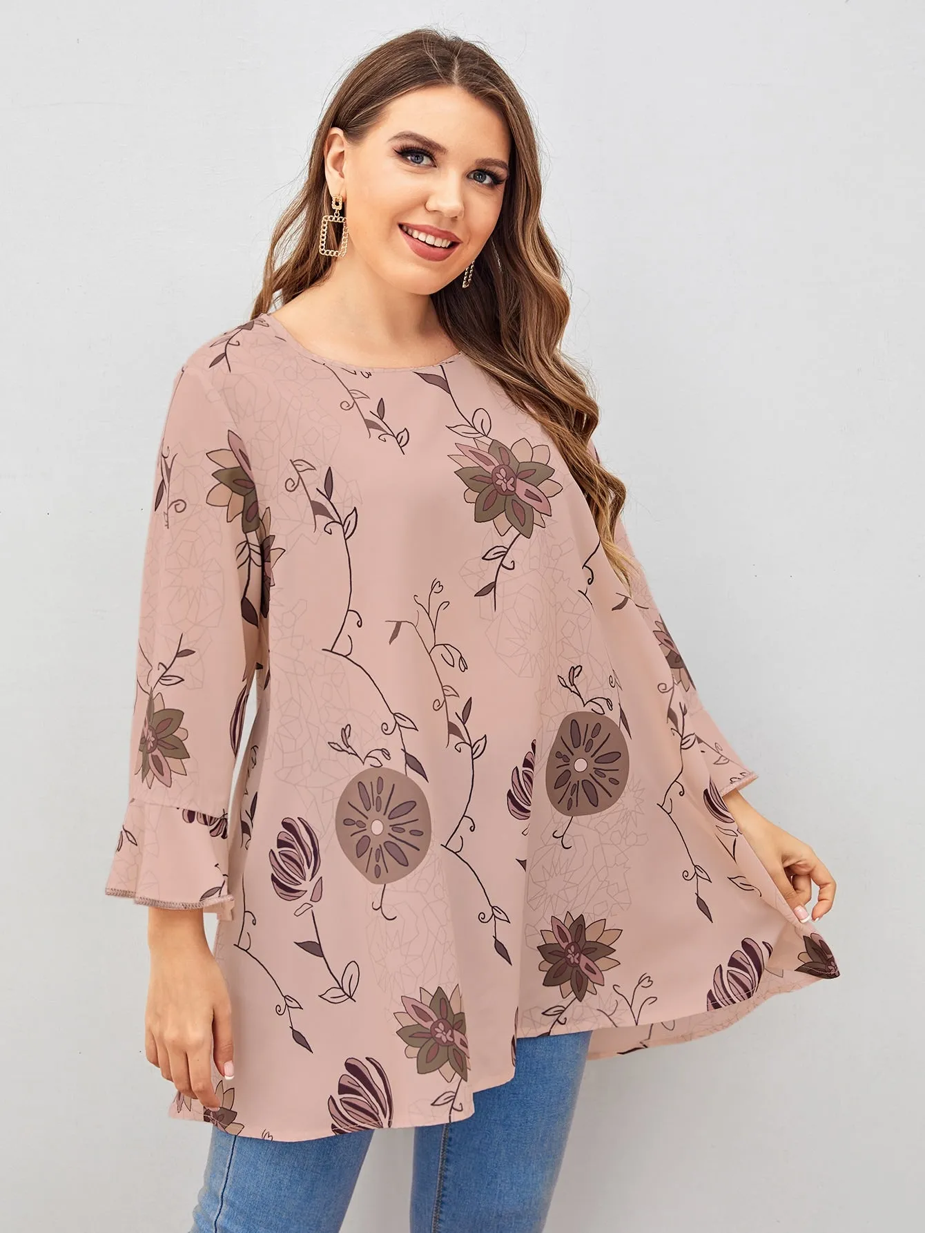 Floral Ruffle Three Quarter Length Sleeve Round Neck Long Plus Size Blouse