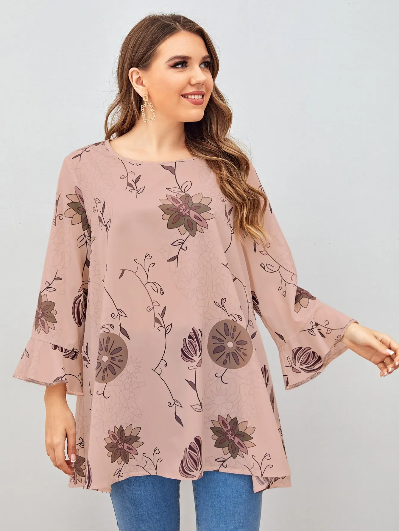 Floral Ruffle Three Quarter Length Sleeve Round Neck Long Plus Size Blouse