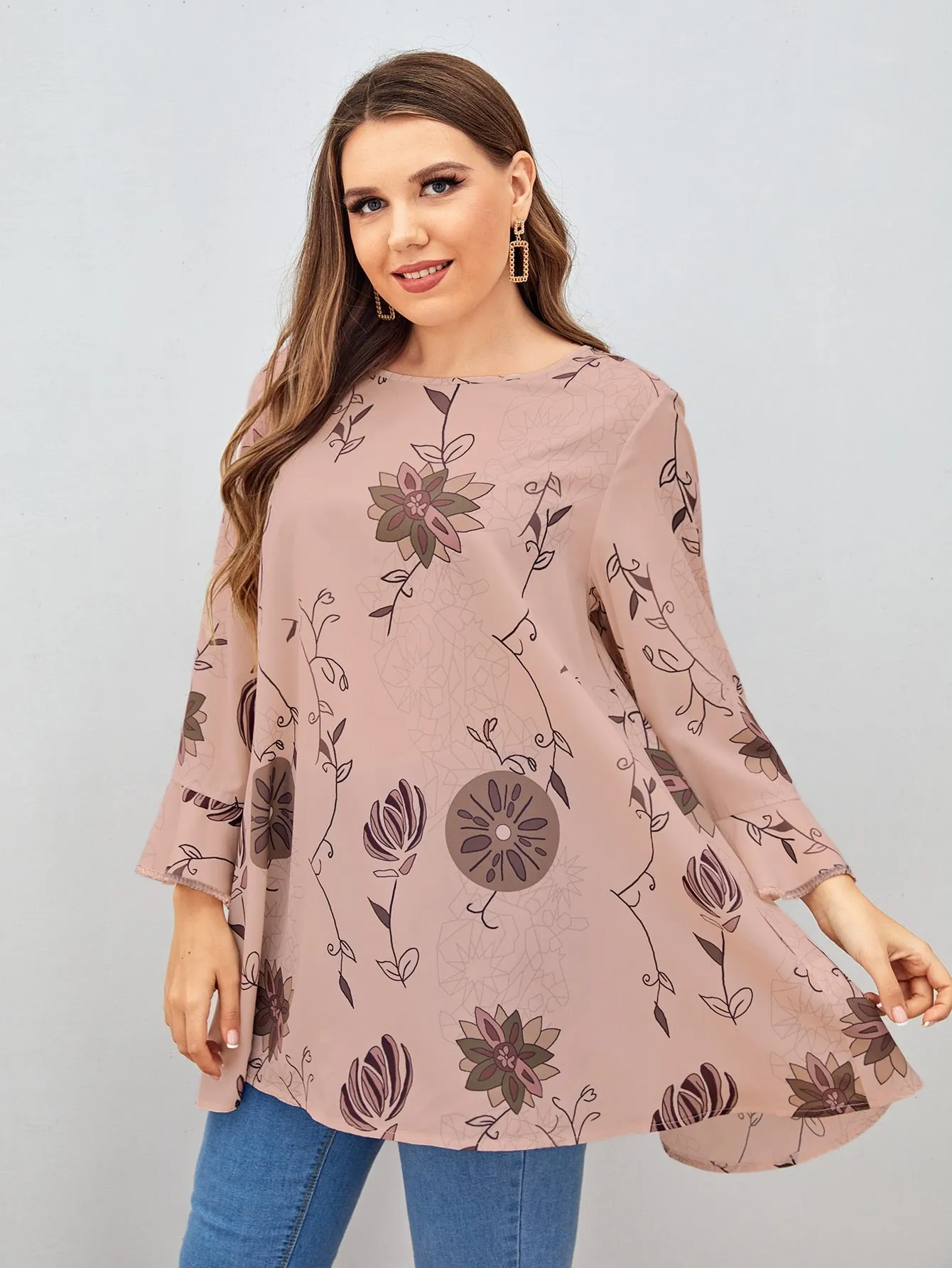 Floral Ruffle Three Quarter Length Sleeve Round Neck Long Plus Size Blouse