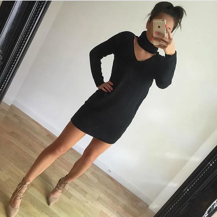 Halter High V-neck Cut Out Loose Long Sweater