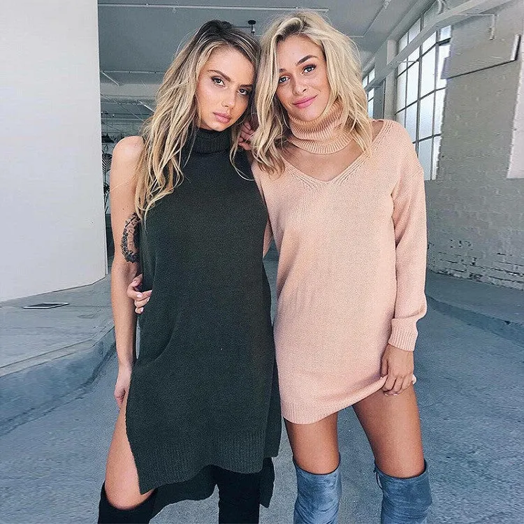 Halter High V-neck Cut Out Loose Long Sweater