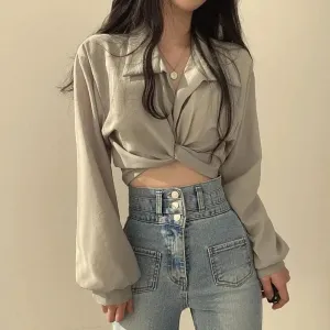 Harajuku-Inspired White Long Sleeve Crop Top – Stylish Lace-Up Chic Blouse