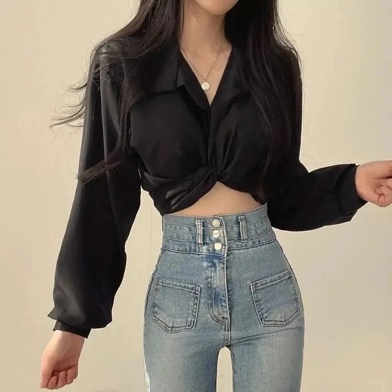Harajuku-Inspired White Long Sleeve Crop Top – Stylish Lace-Up Chic Blouse