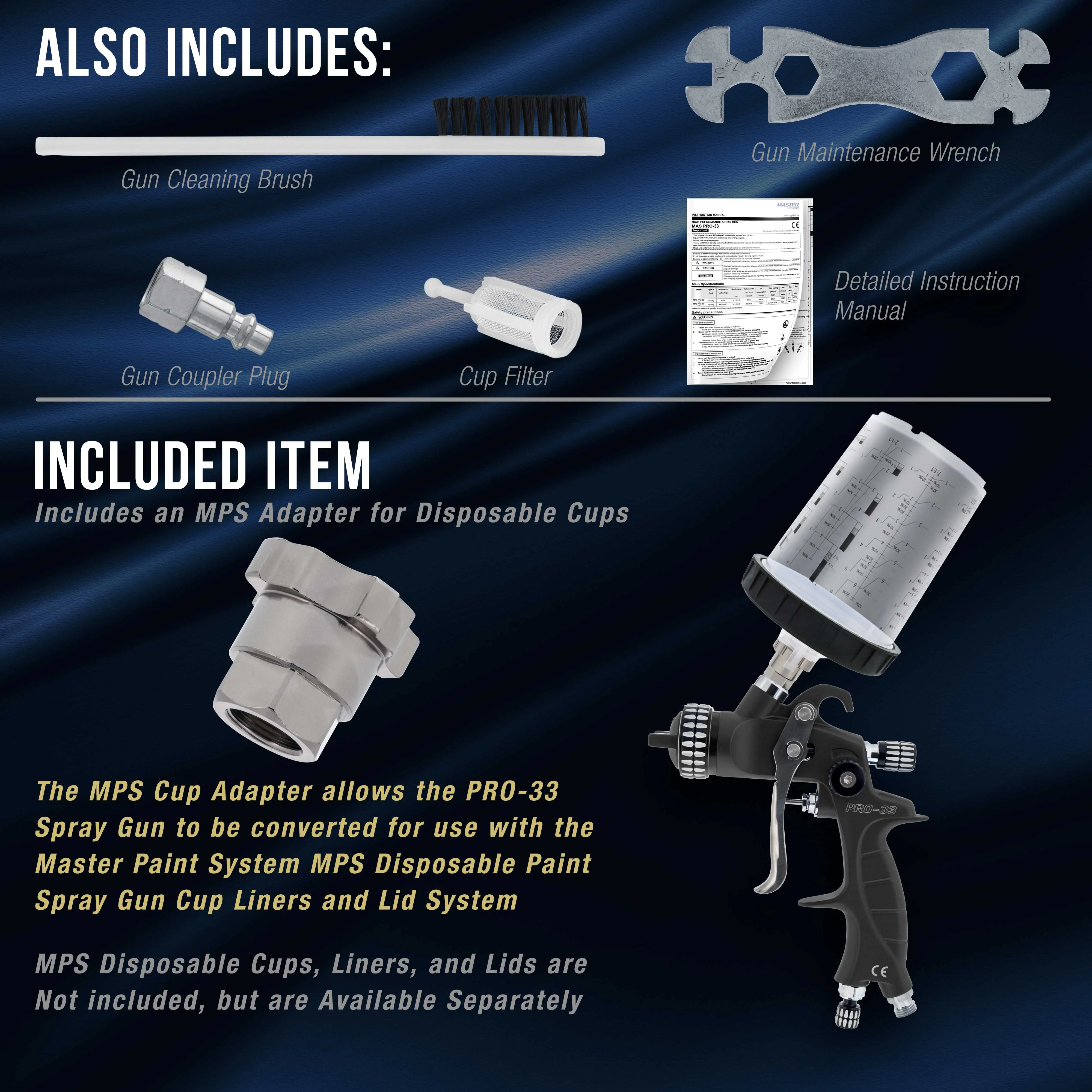 High-Performance PRO-33 Series HVLP Spray Gun Ultimate Kit with 3 Fluid Tip Sets 1.3, 1.4 & 1.8mm and Air Pressure Regulator Gauge, MPS Cup Adapter