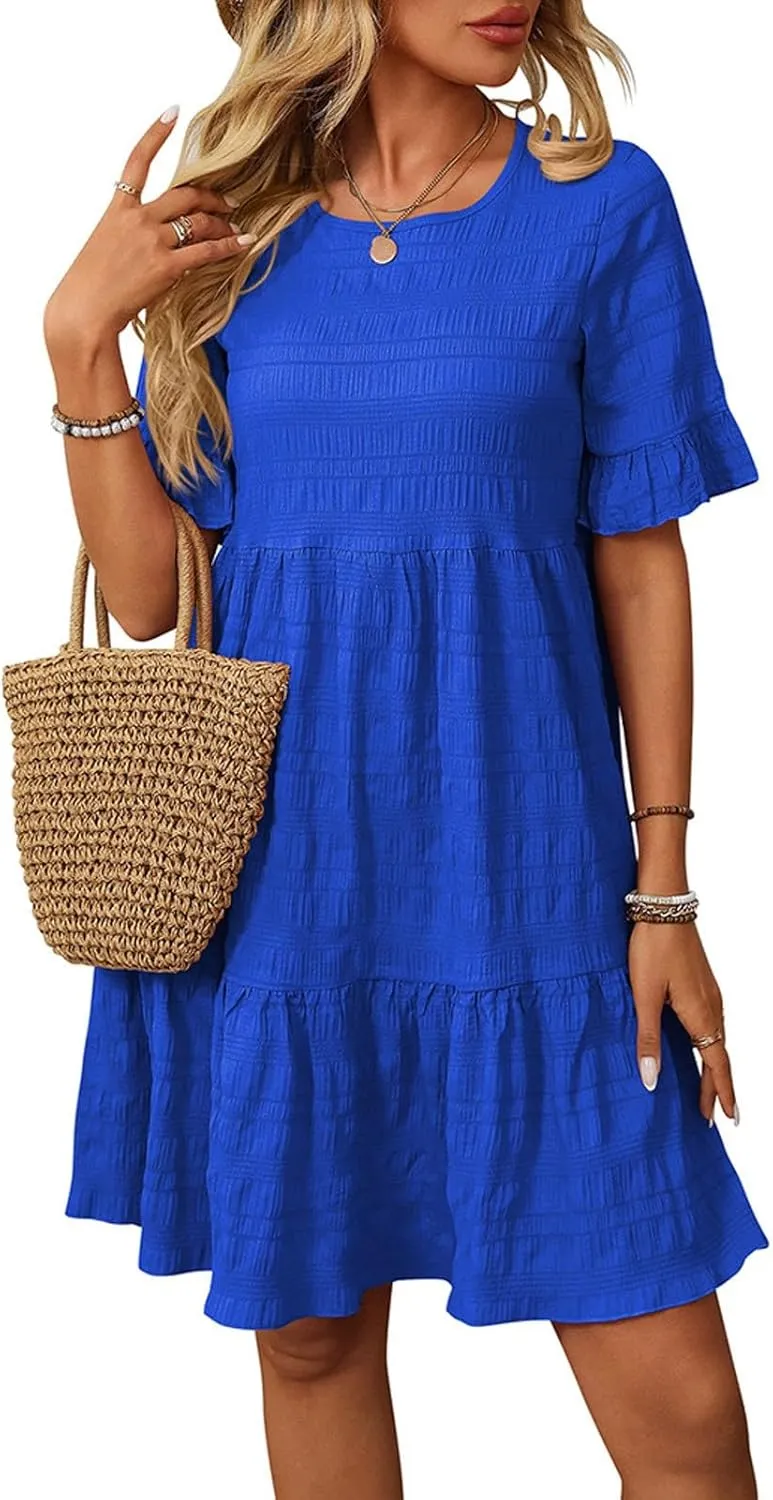 hlysgo Summer Dresses for Women 2025 Ruffle Short Sleeve Boho Dress Casual Beach Sundress Solid Mini Dress
