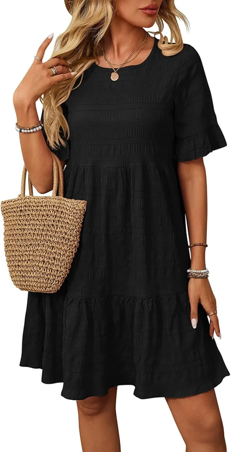 hlysgo Summer Dresses for Women 2025 Ruffle Short Sleeve Boho Dress Casual Beach Sundress Solid Mini Dress
