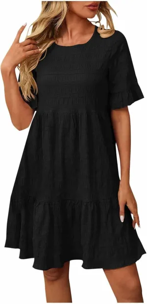 hlysgo Summer Dresses for Women 2025 Ruffle Short Sleeve Boho Dress Casual Beach Sundress Solid Mini Dress