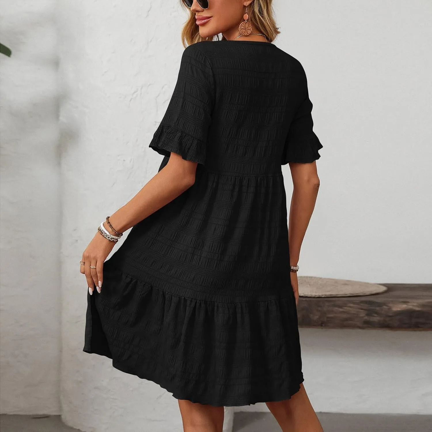 hlysgo Summer Dresses for Women 2025 Ruffle Short Sleeve Boho Dress Casual Beach Sundress Solid Mini Dress