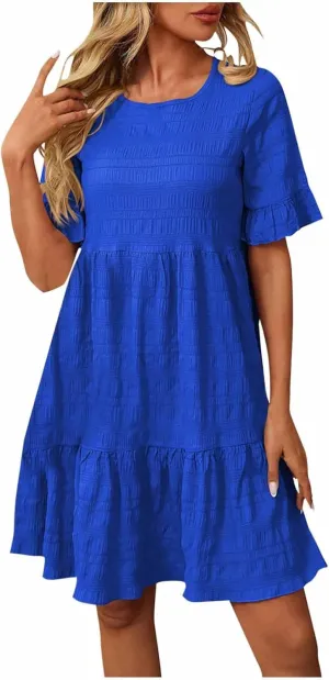 hlysgo Summer Dresses for Women 2025 Ruffle Short Sleeve Boho Dress Casual Beach Sundress Solid Mini Dress