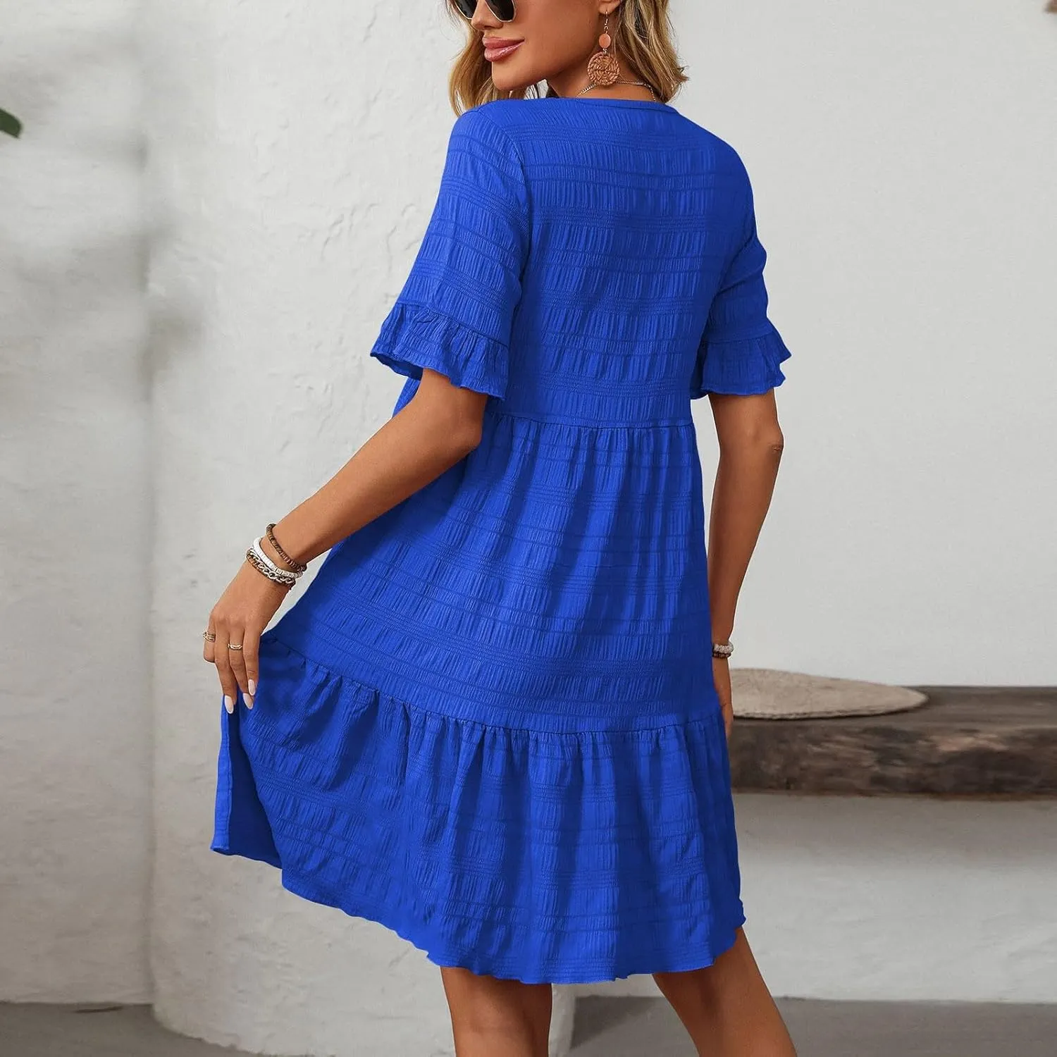 hlysgo Summer Dresses for Women 2025 Ruffle Short Sleeve Boho Dress Casual Beach Sundress Solid Mini Dress