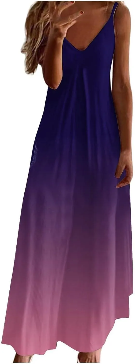 hlysgo V Neck Summer Dress for Women Boho Spaghetti Straps Long Dresses Casual Flowy Sundress A-Line Beach Dress