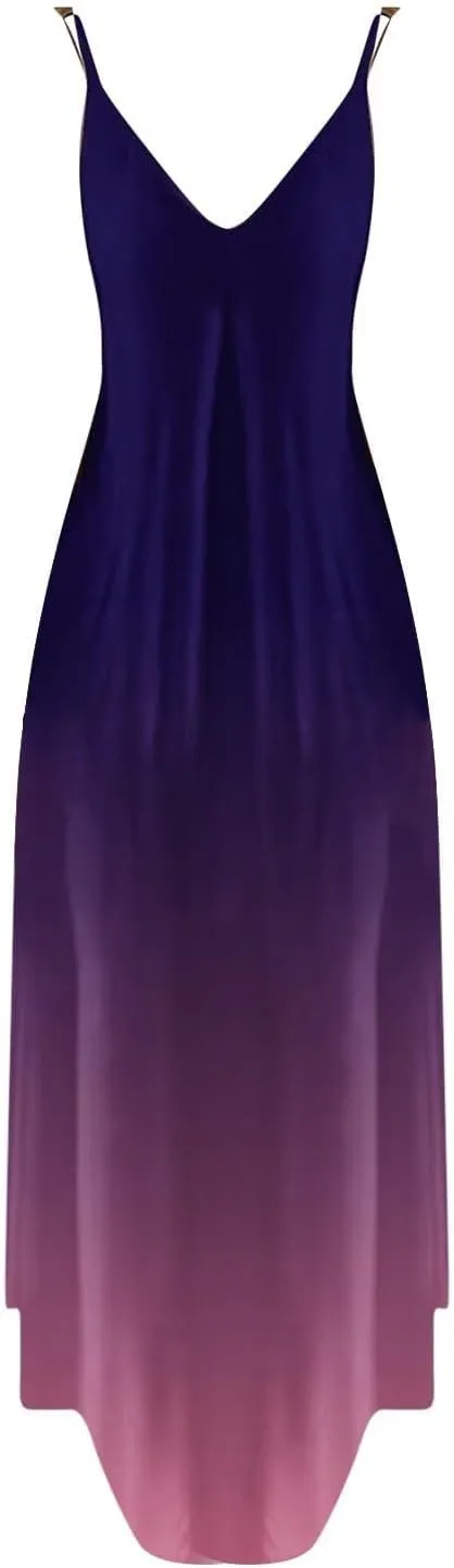 hlysgo V Neck Summer Dress for Women Boho Spaghetti Straps Long Dresses Casual Flowy Sundress A-Line Beach Dress
