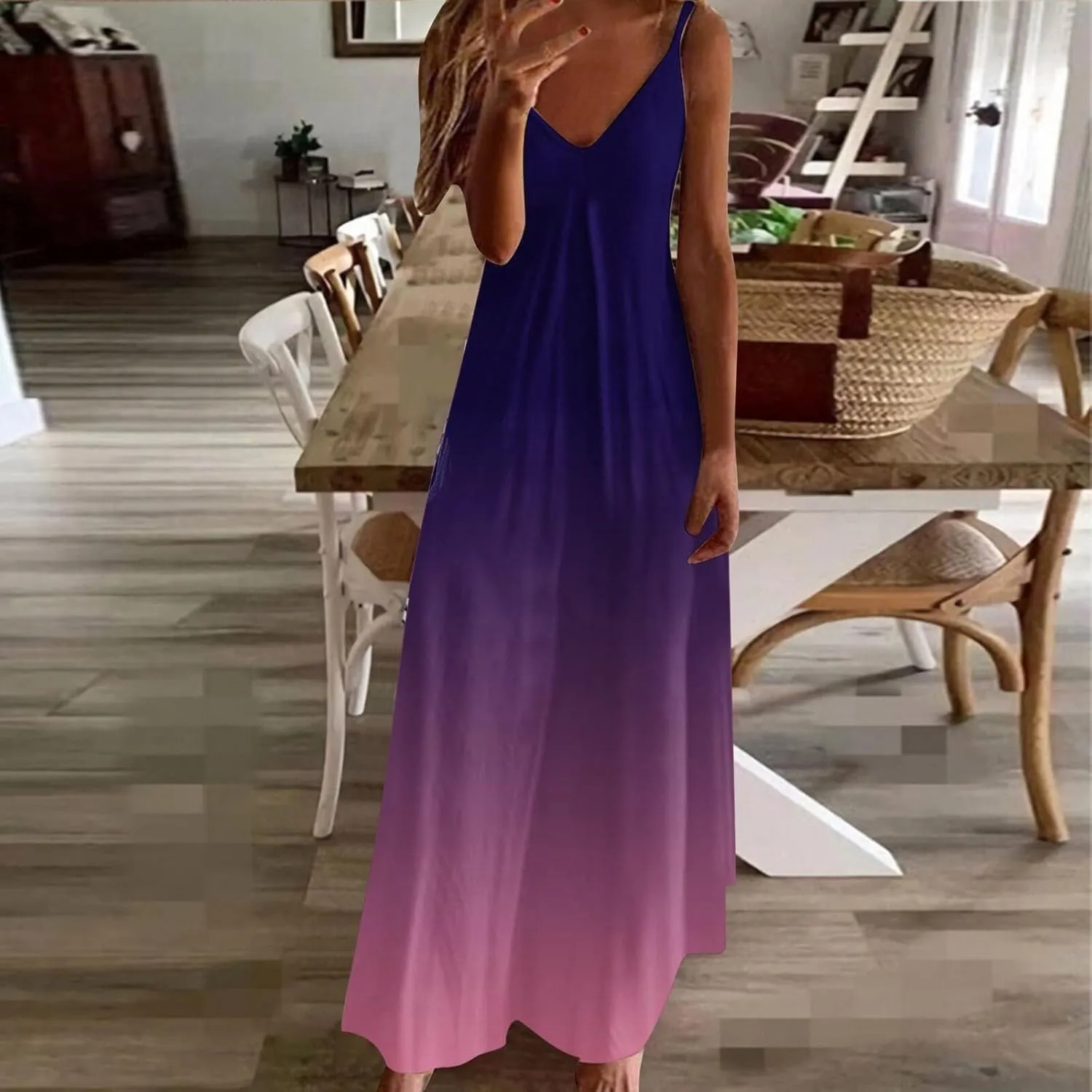 hlysgo V Neck Summer Dress for Women Boho Spaghetti Straps Long Dresses Casual Flowy Sundress A-Line Beach Dress