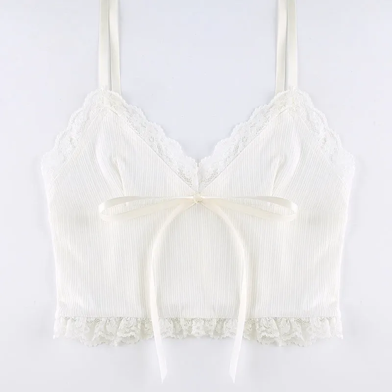 Lace Trim Cute Bow Crop Top