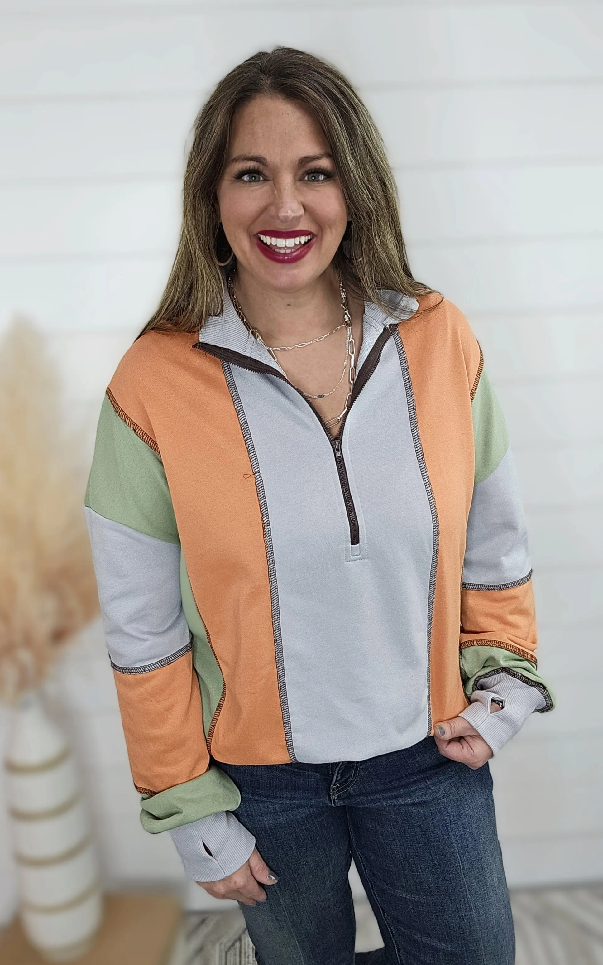 LIGHT GREY COLORBLOCK HALF ZIPPER PULLOVER
