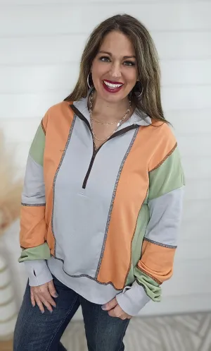 LIGHT GREY COLORBLOCK HALF ZIPPER PULLOVER