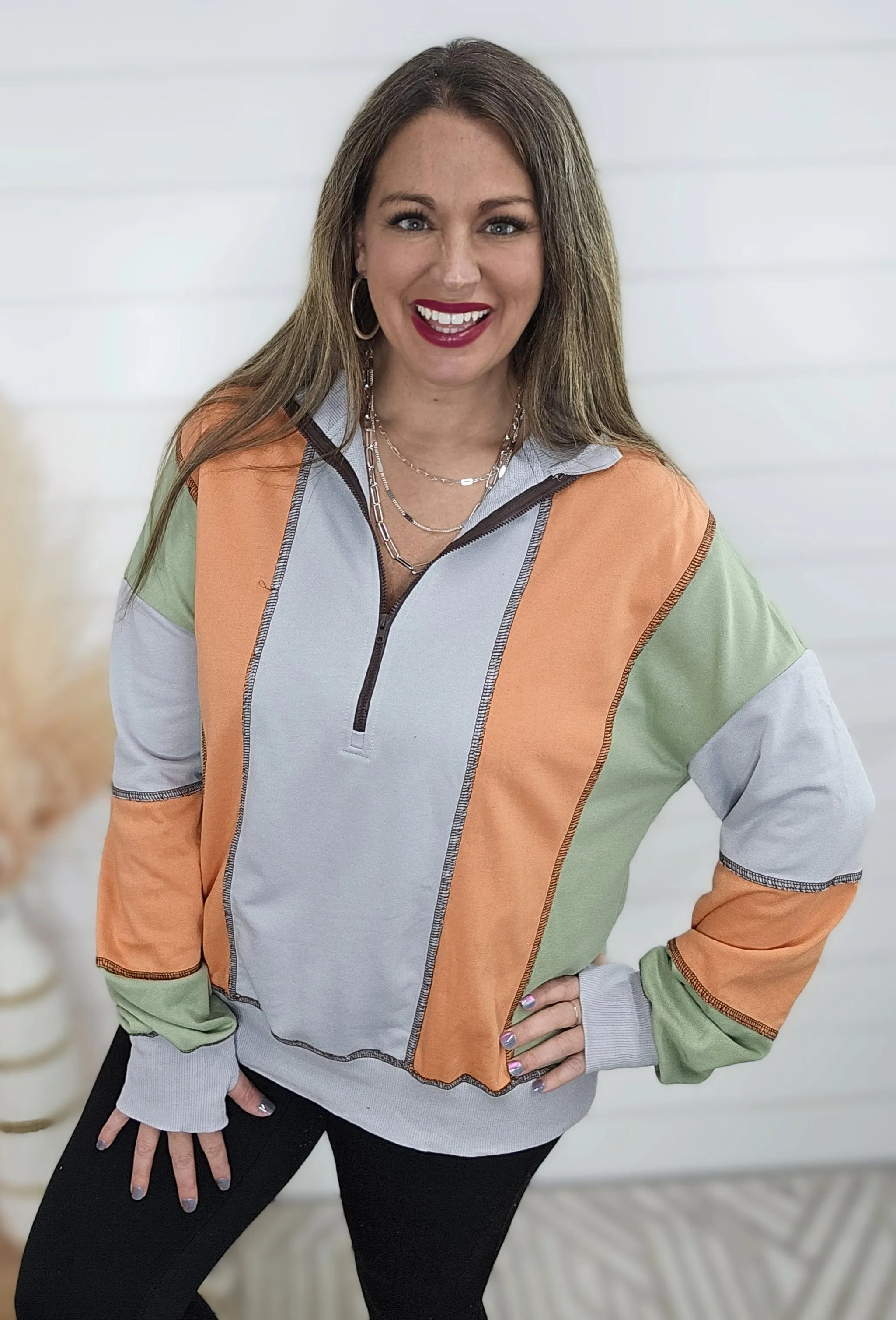 LIGHT GREY COLORBLOCK HALF ZIPPER PULLOVER