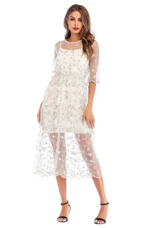 Little Fresh Embroidered Mesh Long Dress