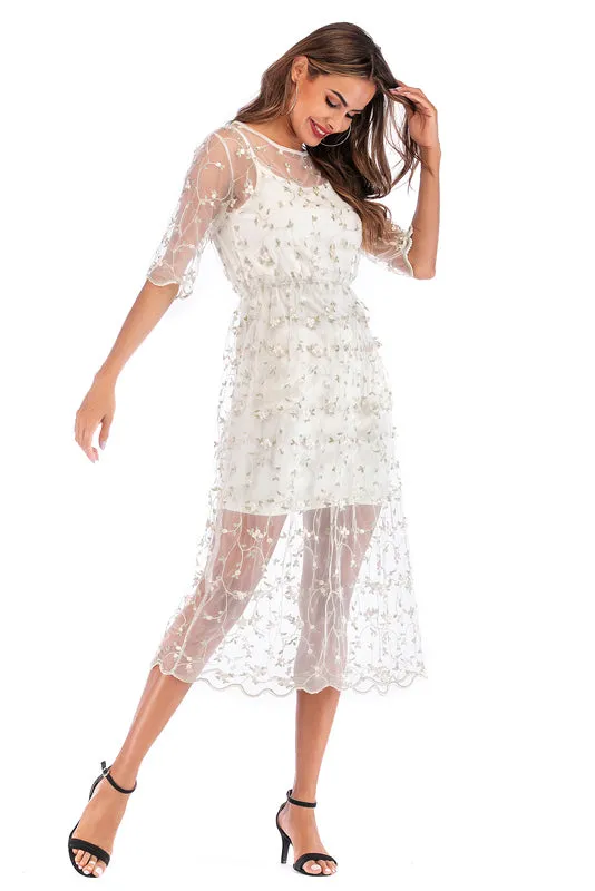 Little Fresh Embroidered Mesh Long Dress