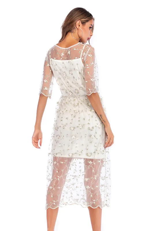 Little Fresh Embroidered Mesh Long Dress